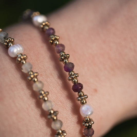 Détails Bracelet en pierre naturelle améthyste porté au poignet