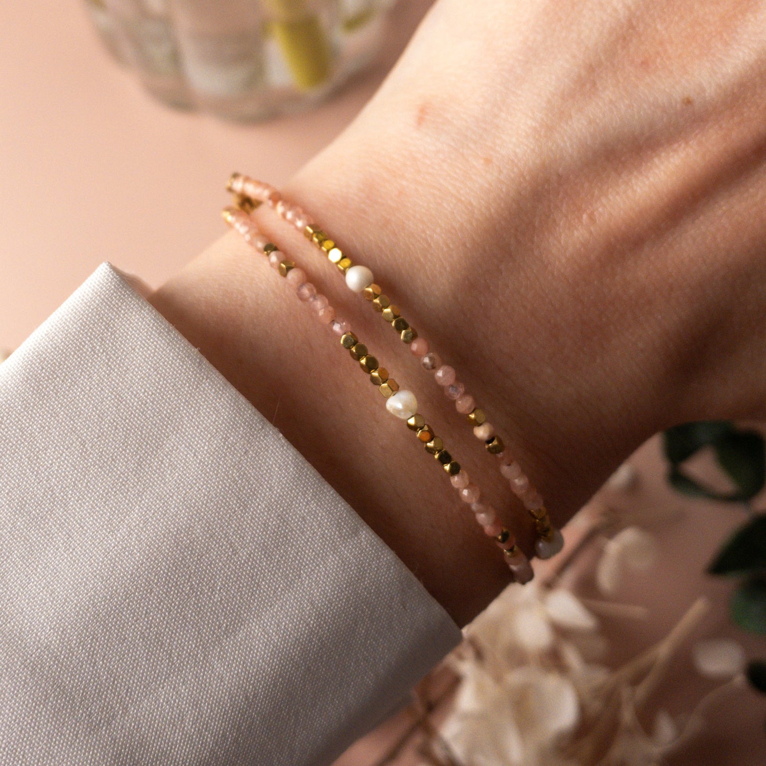Bracelet Selena – 2 tours ou choker en quartz rose 