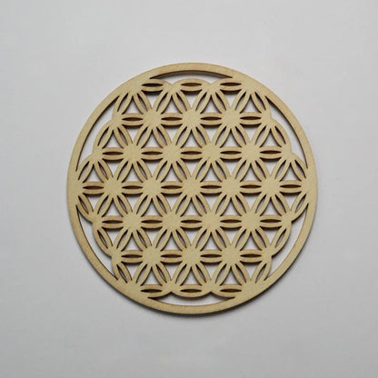 Plaque fleur de vie en bois naturel gravé – 10 cm – Éclatoria