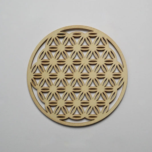 Plaque fleur de vie en bois naturel gravé – 10 cm – Éclatoria